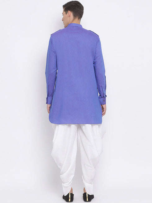 Vastramay Men's Purple Cotton Blend Kurta and White Dhoti Set